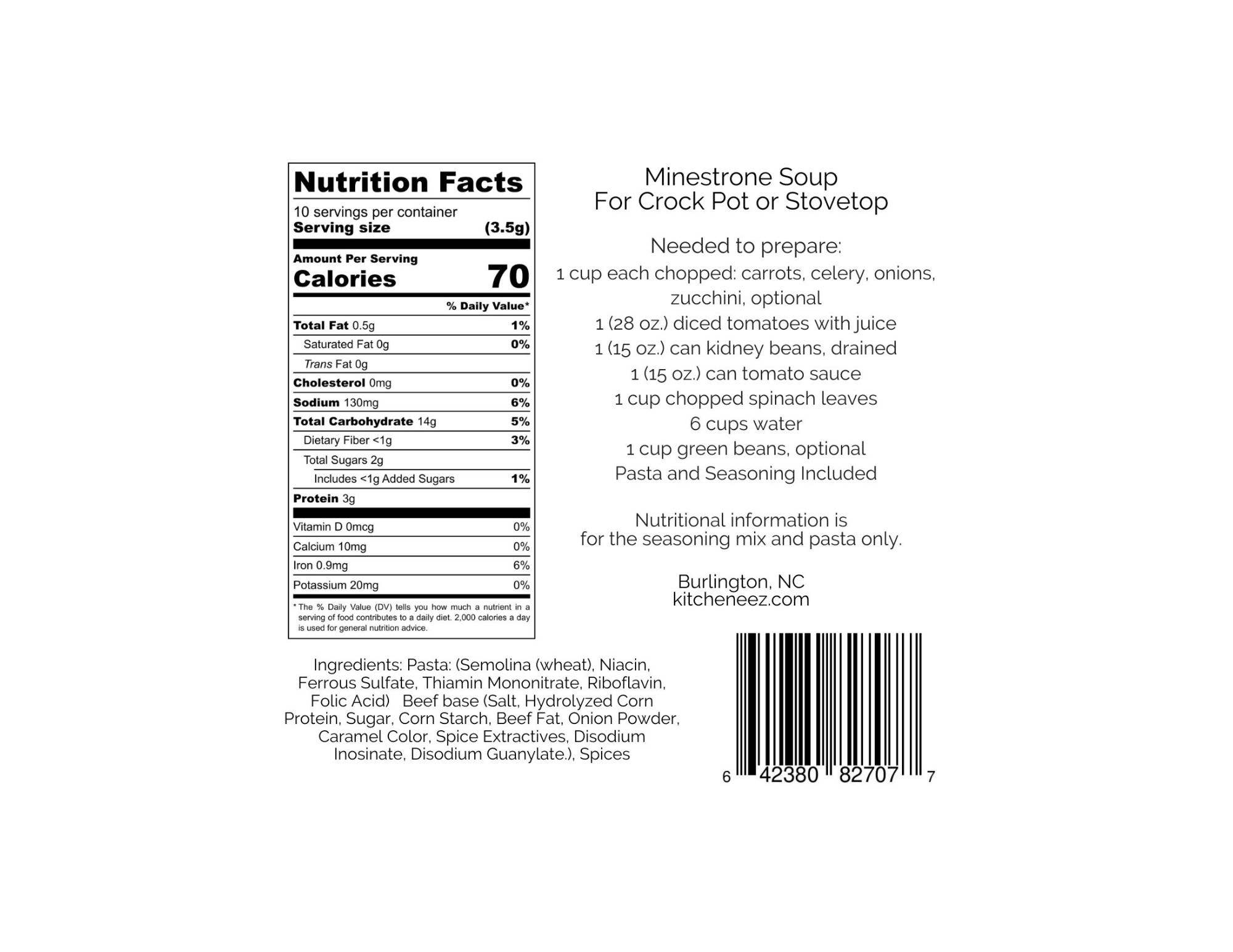 Minestrone Soup One Pot Dish Kit with Seasoning and Pasta